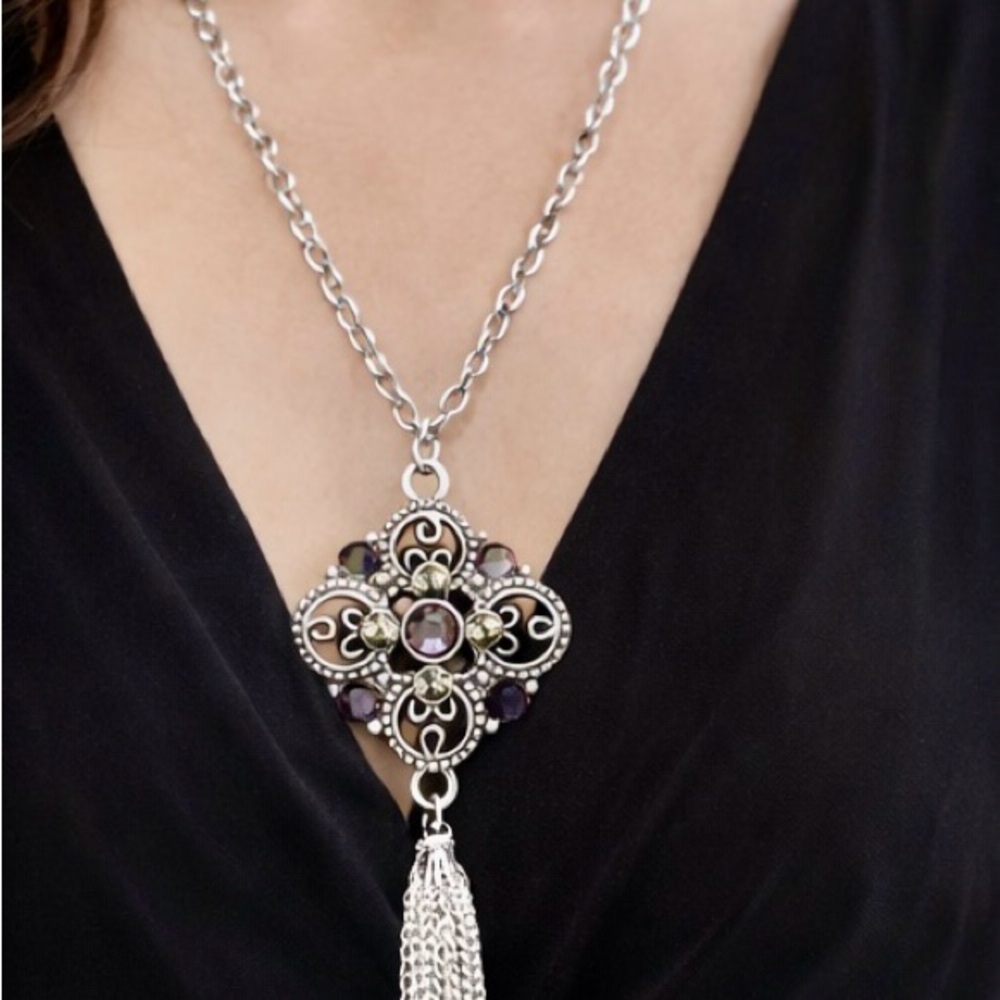 Silver Tassel Statement Necklace ✨ Vintage Style Filigree Crystal Pendant